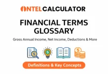 Gross Annual Income Financial terms glossary thumbnail showing IntelCalculator branding, income concepts, and definitions like gross annual income and deductions.