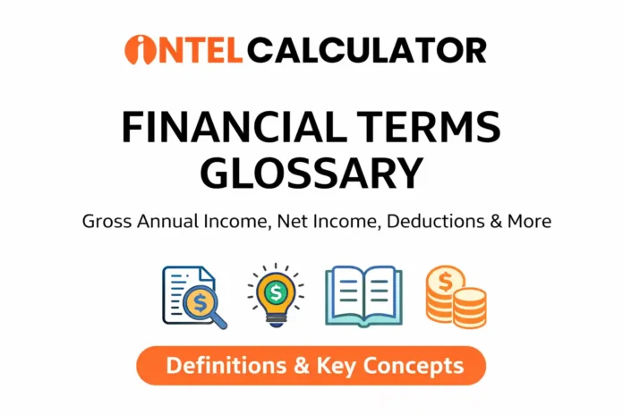 Financial terms glossary thumbnail showing IntelCalculator branding, income concepts, and definitions like gross annual income and deductions.
