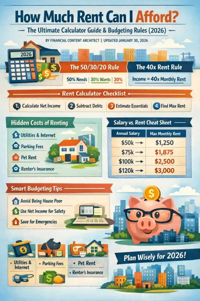 Infographic explaining how much rent you can afford in 2026 using the 30% rule, 50/30/20 budgeting method, 40x rent rule, and hidden renting costs.
