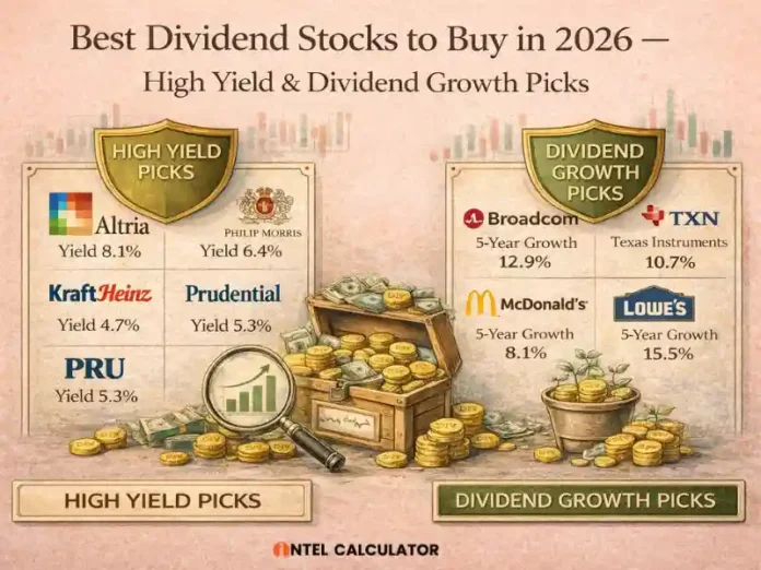 Best Dividend Stocks to Buy in 2026 — High Yield & Dividend Growth Picks Chart showing best dividend stocks for 2026 including high yield and dividend growth picks across sectors