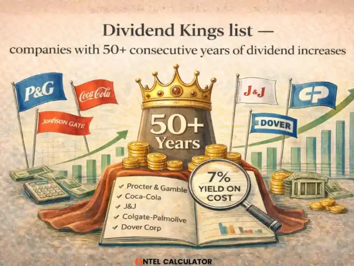 Table showing complete Dividend Kings list 2026 with yield sector and consecutive years of dividend increases