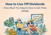 How to Live Off Dividends Person living off dividend income sitting relaxed at home with laptop showing passive income from dividend portfolio