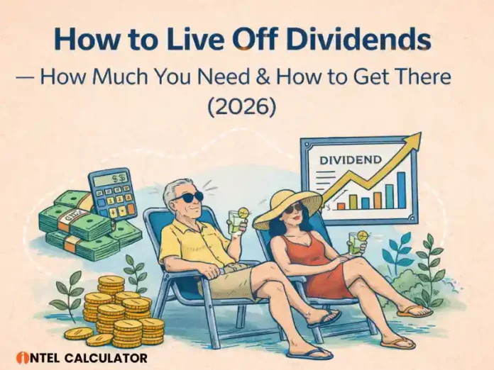 How to live off dividends Person living off dividend income sitting relaxed at home with laptop showing passive income from dividend portfolio