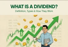 What Is a Dividend? Illustration explaining what a dividend is, showing rising stock market charts, dollar coins, and an investor holding a laptop and coffee, representing dividend income from stock investments.