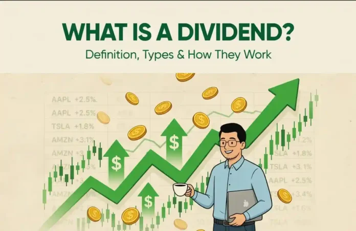 What Is a Dividend – Definition, Types and How Dividends Work in Investing Illustration explaining what a dividend is, showing rising stock market charts, dollar coins, and an investor holding a laptop and coffee, representing dividend income from stock investments.