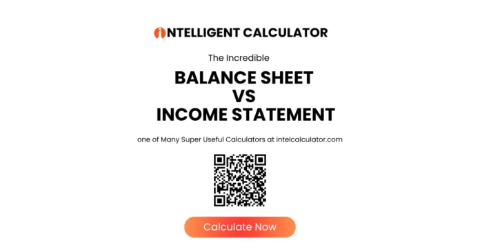 Balance sheet vs income statement comparison chart showing snapshot versus period difference with assets liabilities equity on left and revenue expenses profit on right side by side