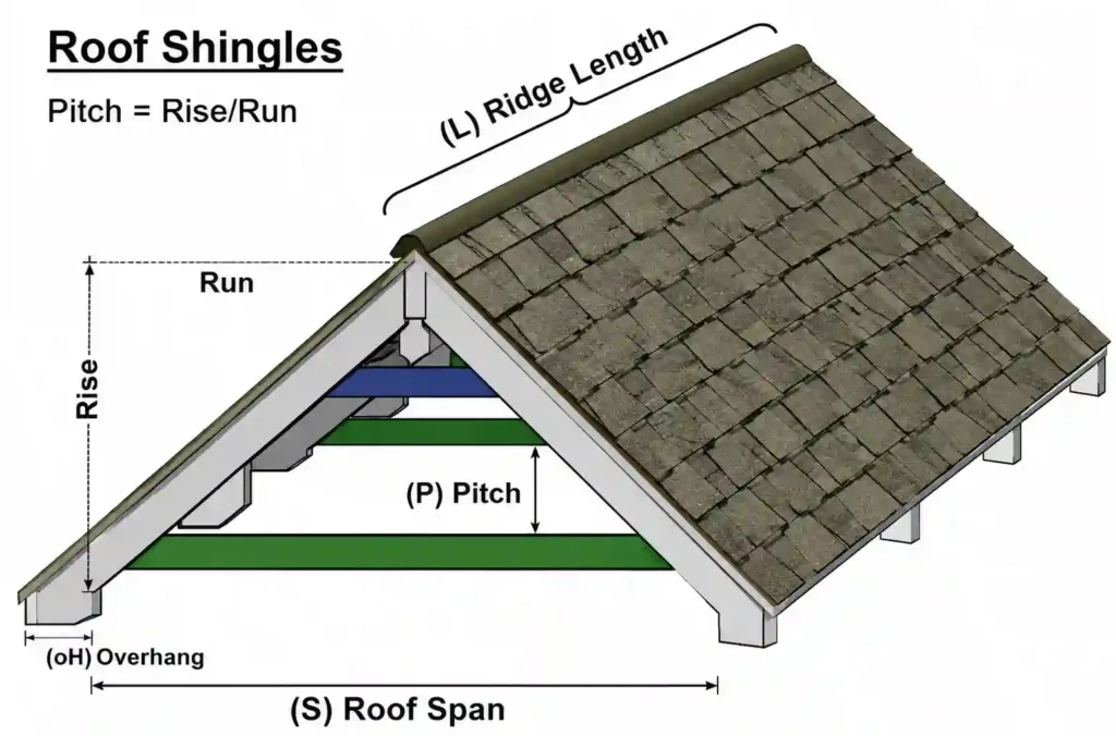 3D roof shingles diagram showing roof pitch, ridge length, rise, run, overhang, and roof span measurements for roofing calculations.