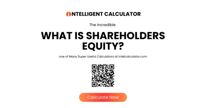 What is shareholders equity infographic showing total assets minus total liabilities equals shareholders equity with four component breakdown of common stock additional paid in capital retained earnings and treasury stock