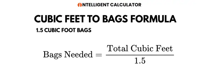 Cubic Feet to Bags Formula chart showing how to calculate the number of 1.5 cubic foot bags needed by dividing total cubic feet by 1.5.