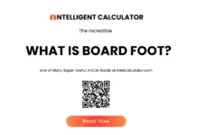 Board Foot Calculator & Ultimate Lumber Measurement Guide What Is Board Foot infographic by Intelligent Calculator featuring a QR code linking to a detailed board foot measurement guide and lumber volume calculation resource.