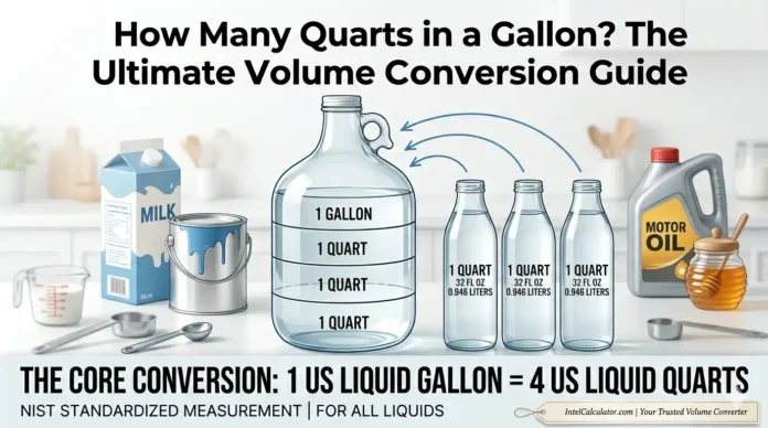 US liquid measurement hierarchy showing 1 gallon equals 4 quarts, 8 pints, 16 cups, and 128 fluid ounces